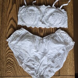 Sexy White Eyelet Lace Bralette & High-Waist Brief Set - Women Intimates